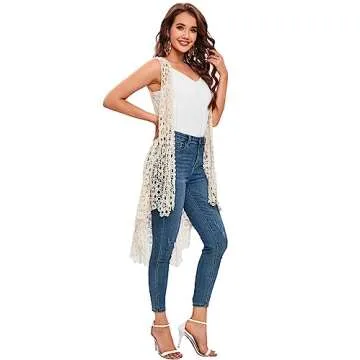 Women's Casual Long Crochet Vest Loose Fit Boho Lace Cover up High Low Sleeveless Cardigan (Beige)