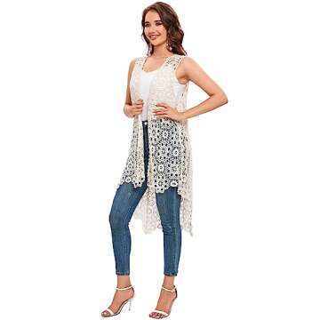 Women's Casual Long Crochet Vest Loose Fit Boho Lace Cover up High Low Sleeveless Cardigan (Beige)
