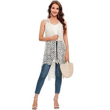 Women's Casual Long Crochet Vest Loose Fit Boho Lace Cover up High Low Sleeveless Cardigan (Beige)