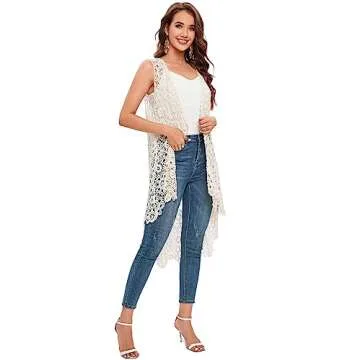 Women's Casual Long Crochet Vest Loose Fit Boho Lace Cover up High Low Sleeveless Cardigan (Beige)