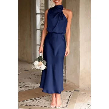 PRETTYGARDEN Women's 2024 Summer Satin Dress Elegant Sleeveless Mock Neck Cocktail Party Maxi Dresses (Dark Navy,Medium)