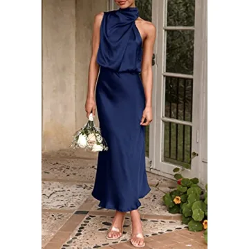 PRETTYGARDEN Women's 2024 Summer Satin Dress Elegant Sleeveless Mock Neck Cocktail Party Maxi Dresses (Dark Navy,Medium)