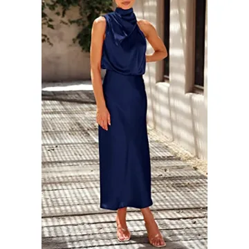 PRETTYGARDEN Women's 2024 Summer Satin Dress Elegant Sleeveless Mock Neck Cocktail Party Maxi Dresses (Dark Navy,Medium)