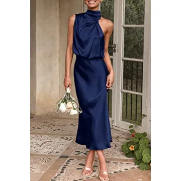 PRETTYGARDEN Women's 2024 Summer Satin Dress Elegant Sleeveless Mock Neck Cocktail Party Maxi Dresses (Dark Navy,Medium)