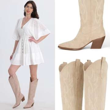 iiimmu Cowgirl Boots Women Tall Boots Pointed Toe and Block Heel Cowboy Suede Boots with Embroidered...