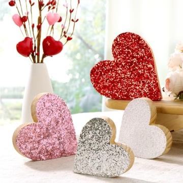 Treory Valentine Tiered Tray Decor: 4pcs Glittered Wood Heart Table Decorations Sign Red Pink White,...