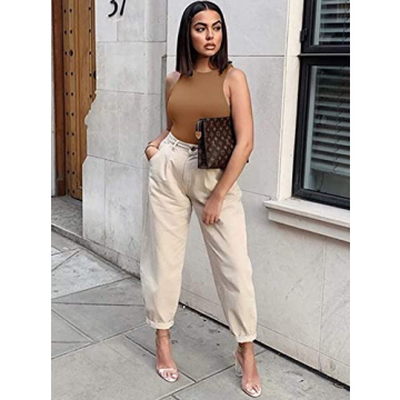 REORIA Womens Sexy Sleeveless High Neck Racer Back Halter Thong Bodysuits Leotard Tank Tops Brown Small