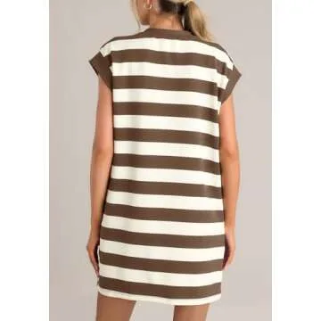 MITILLY Womens Summer Striped Tshirts Dresses Crewneck Cap Sleeve Color Block Casual Shif Short Dress with Pockets Large Brown