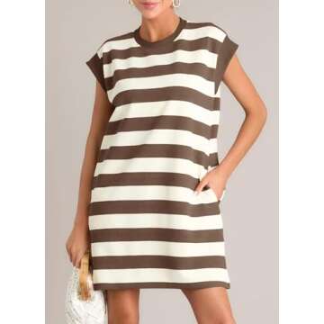 MITILLY Womens Summer Striped Tshirts Dresses Crewneck Cap Sleeve Color Block Casual Shif Short Dress with Pockets Large Brown