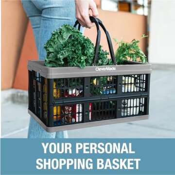 CleverMade Collapsible Shopping Basket, Stone, 3PK - 16L (4 Gal) Reusable Plastic Grocery Shopping Baskets, Holds 22lbs Per Basket - Small Foldable Storage Crates with Handles