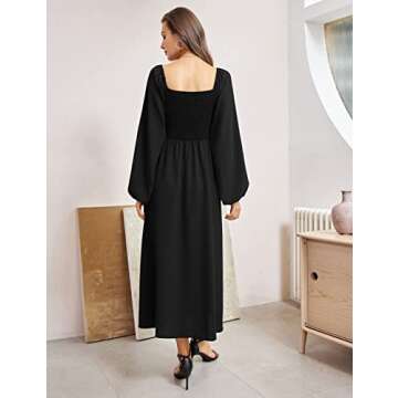 Black Long Sleeve Smocked Dress for Women Square Neck Split Flowy Dress, Black XXL