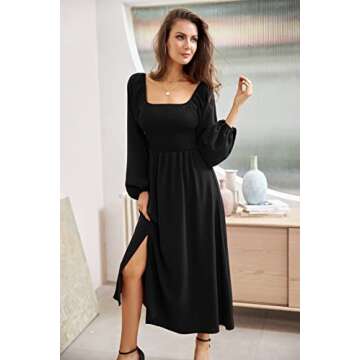Black Long Sleeve Smocked Dress for Women Square Neck Split Flowy Dress, Black XXL