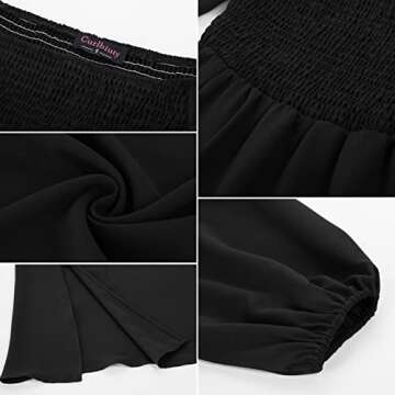 Black Long Sleeve Smocked Dress for Women Square Neck Split Flowy Dress, Black XXL