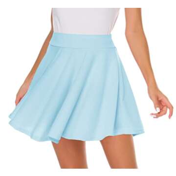 Afibi Casual Mini Stretch Waist Flared Plain Pleated Skater Skirt (Medium, Sky Blue)