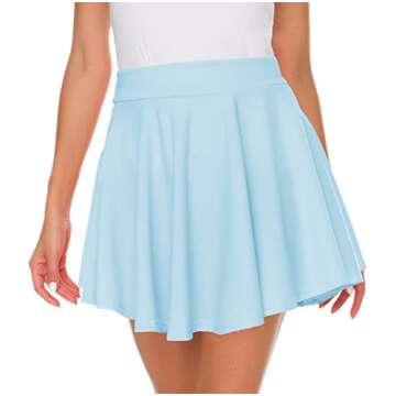 Afibi Casual Mini Stretch Waist Flared Plain Pleated Skater Skirt (Medium, Sky Blue)