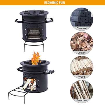 Lineslife Camping Rocket Stove Wood Burning Portable for Cooking, Outdoor Camping Wood Stove with Carrying Bag for Backpacking Emergency RV Survival, Versatility of Fuel, Black Round Single Door