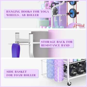 Mythinglogic Yoga Mat Storage Racks,Home Gym Storage Rack for Dumbbells Kettlebells Foam Roller, Yoga Strap and Resistance Bands, Workout Equipment Storage Organizer With Hooks and Wheels