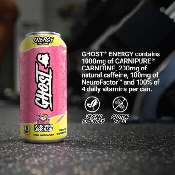 GHOST Energy Drink - 12-Pack, Sour Pink Lemonade, 16oz Cans - Energy & Focus & No Artificial Colors - 200mg of Natural Caffeine, L-Carnitine & Taurine - Gluten-Free & Vegan