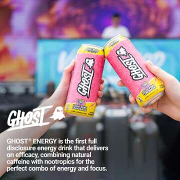 GHOST Energy Drink - 12-Pack, Sour Pink Lemonade, 16oz Cans - Energy & Focus & No Artificial Colors - 200mg of Natural Caffeine, L-Carnitine & Taurine - Gluten-Free & Vegan