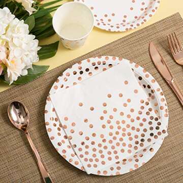 HOMIX 175 Pieces Rose Gold Party Supplies - Rose Gold Dot on White Paper Plates and Napkins Cups Sil...