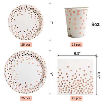HOMIX 175 Pieces Rose Gold Party Supplies - Rose Gold Dot on White Paper Plates and Napkins Cups Silverware Serves 25 Sets for Wedding Bridal Shower Engagement Birthday Parties