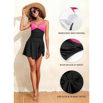 Aleumdr 2024 Fashion V Neck One Piece Swimdress for Women Tummy Control Ribbed Swim Dress Swimwear Slimming Skirted Swimsuits Bathing Suit Black Pink XX-Large