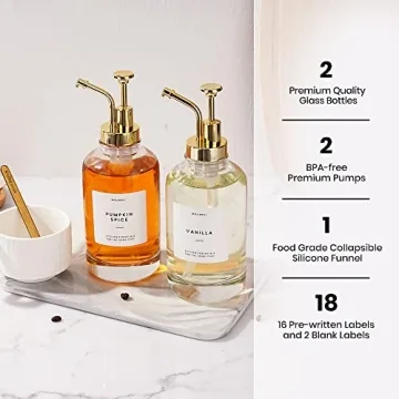 Molimoli Syrup Dispenser for Coffee Bars, Glass Syrup Bottle w. Pump, 16.9 oz 500 ml, Set of 2, Gold Upgraded Dispenser