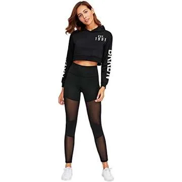 SweatyRocks Women's Stretchy Skinny Sheer Mesh Insert Workout Leggings Yoga Tights Black M
