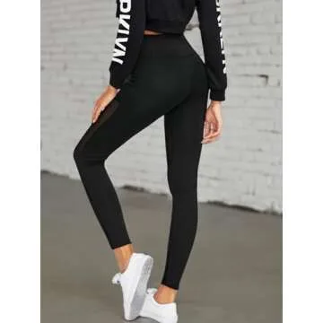 SweatyRocks Women's Stretchy Skinny Sheer Mesh Insert Workout Leggings Yoga Tights Black M