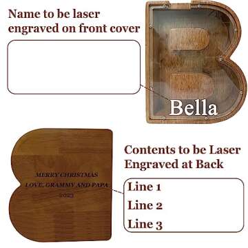 Personalized Large Wooden Kids Letter Piggy Bank Custom Name Coin Bank, (Laser Engraved Name) Wood Alphabet Letter Bank Money Box Birthday (B)