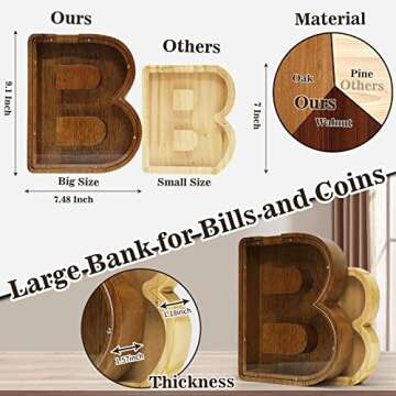 Personalized Large Wooden Kids Letter Piggy Bank Custom Name Coin Bank, (Laser Engraved Name) Wood Alphabet Letter Bank Money Box Birthday (B)
