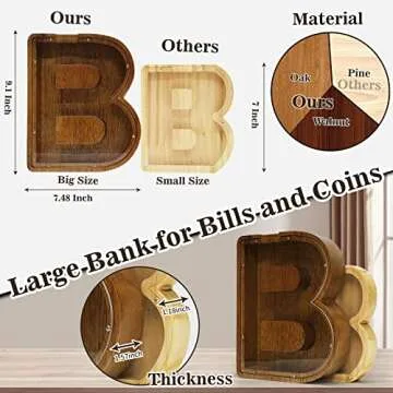 Personalized Large Wooden Kids Letter Piggy Bank Custom Name Coin Bank, (Laser Engraved Name) Wood Alphabet Letter Bank Money Box Birthday (B)