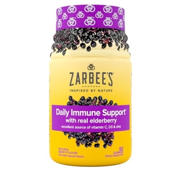 Zarbee's Elderberry Gummy Daily Immune Support Supplement with Vitamins A, C, D, E & Zinc, Black Eld...