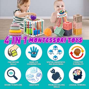 4 in 1 Baby Toys 6-12 Months, Stacking Building Blocks Infant Toys & Stacking Rings Teething Toys 0-6-12-18 M+, Color Shape Bin Sensory Toys, Pull String Montessori Toys for 1-3 Year Old Boy Girl Gift