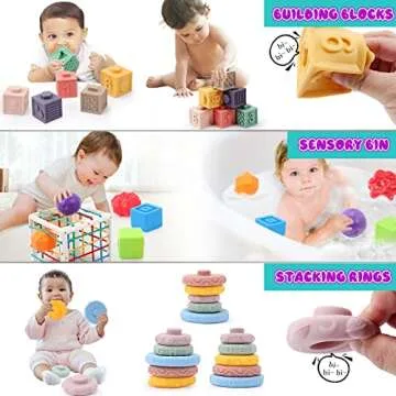 4 in 1 Baby Toys 6-12 Months, Stacking Building Blocks Infant Toys & Stacking Rings Teething Toys 0-6-12-18 M+, Color Shape Bin Sensory Toys, Pull String Montessori Toys for 1-3 Year Old Boy Girl Gift
