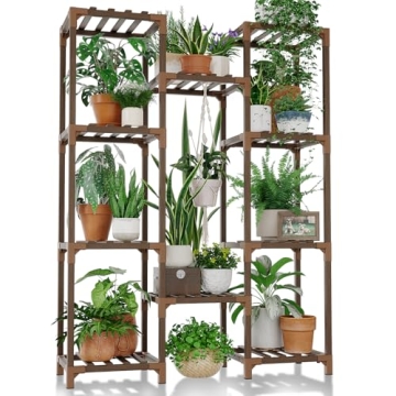 Bamworld 10 Pots Large Plant Table - Sturdy Wooden Shelf for Indoor & Outdoor Greenery