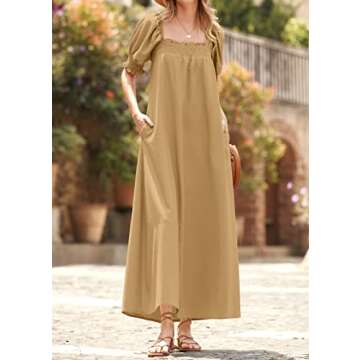 KIRUNDO Women 2025 Summer Maxi Dress Casual Loose Puff Sleeve Square Neck Maternity Flowy Long Beach Dresses with Pockets(Khaki, Large)