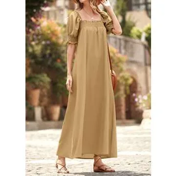 KIRUNDO Women 2025 Summer Maxi Dress Casual Loose Puff Sleeve Square Neck Maternity Flowy Long Beach Dresses with Pockets(Khaki, Large)