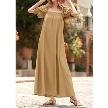 KIRUNDO Women 2025 Summer Maxi Dress Casual Loose Puff Sleeve Square Neck Maternity Flowy Long Beach Dresses with Pockets(Khaki, Large)