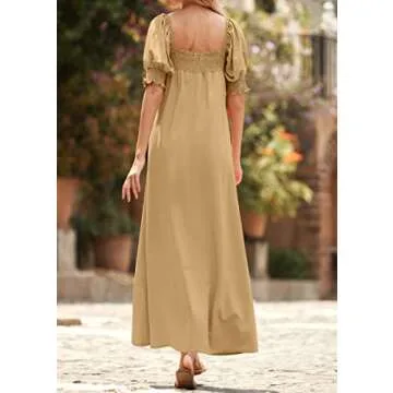 KIRUNDO Women 2025 Summer Maxi Dress Casual Loose Puff Sleeve Square Neck Maternity Flowy Long Beach Dresses with Pockets(Khaki, Large)