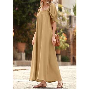 KIRUNDO Women 2025 Summer Maxi Dress Casual Loose Puff Sleeve Square Neck Maternity Flowy Long Beach Dresses with Pockets(Khaki, Large)
