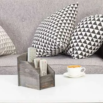 MyGift Rustic Dark Gray Wood Remote Control Holder Organizer Caddy with 3 Compartments, TV & Media Remote Storage Box for Living Room