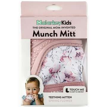 Malarkey Kids Patented Teething Mitten, Munch Mitt Baby Chew Toy - Protects Hands from Chewing & Saliva, Heals Aching Gums, Promotes Sound & Visual Stimulation for Babies - Spring Flower