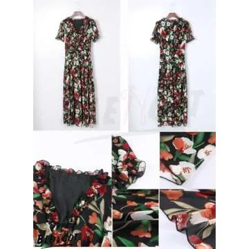 BLENCOT Womens Casual Boho Floral Printed V Neck Short Sleeve Long Evening Dress Ruched Cocktail Party Maxi Wedding Dress