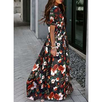 BLENCOT Womens Casual Boho Floral Printed V Neck Short Sleeve Long Evening Dress Ruched Cocktail Party Maxi Wedding Dress