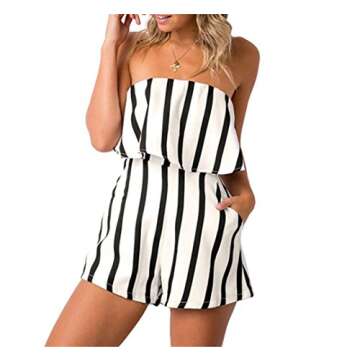 MAXIMGR Women Summer Sleeveless Off Shoulder Romper Striped Print Beach Shorts Jumpsuit Size L (Black White)