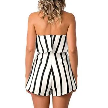 MAXIMGR Women Summer Sleeveless Off Shoulder Romper Striped Print Beach Shorts Jumpsuit Size L (Black White)