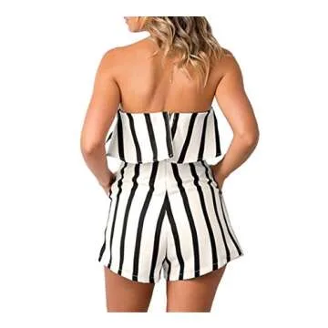 MAXIMGR Women Summer Sleeveless Off Shoulder Romper Striped Print Beach Shorts Jumpsuit Size L (Black White)