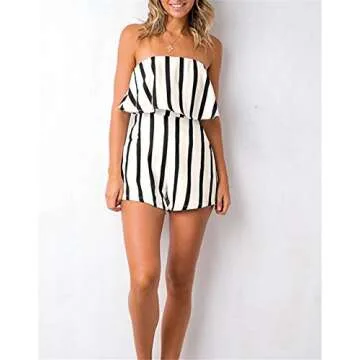 MAXIMGR Women Summer Sleeveless Off Shoulder Romper Striped Print Beach Shorts Jumpsuit Size L (Black White)