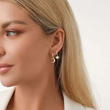 CZ Moon Star Dangle Small Hoop Earrings for Women Girls Sterling Silver with Charms Crystal Asymmetr...